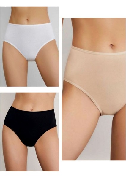 Berrak 3'lü Siyah - Beyaz - Ten Renkler Likralı Yüksel Bel Bato (Geniş Kalıp) Kadın Külot