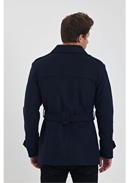 Erkek Lacivert Kruvaze Yaka Slim Fit Kaşe Kaban Günlük Kullanım İçin