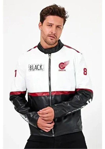 Erkek Oversize Motorcu Mont Şeritli Garnili Kolej Mont Yarışçı Erkek Ceket