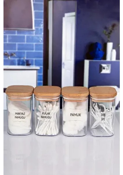 4'lü Ahşap Kapaklı Akrilik Kavanoz Seti Makyaj Pamuk Kulak Pamuğu Diş İpi 250 ml