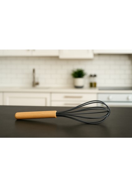 Bambu Saplı Çırpma Teli Mutfak Silikon Çırpıcı Yemek Hazırlık Çırpma Aleti (Antrasit 24 Cm)