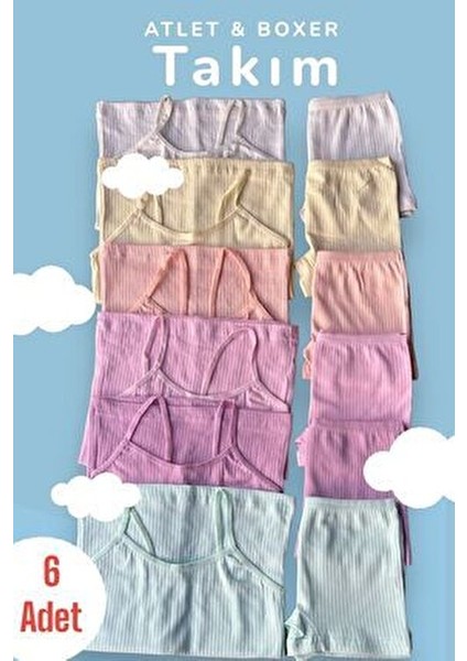 6'lı Pastel Renk Kız Çocuk Fitilli Atlet & Boxer Takım