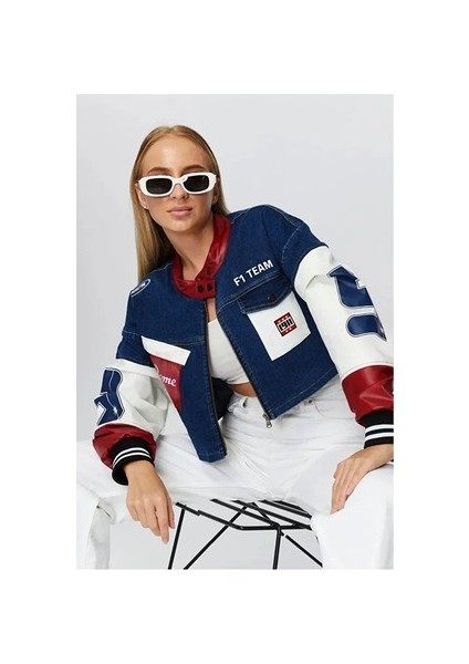 Kadın Oversize Kot Ceket Kolları Deri Garnili Fermuarlı Motorcu Montu Baskılı Yarışçı Kolej Ceket