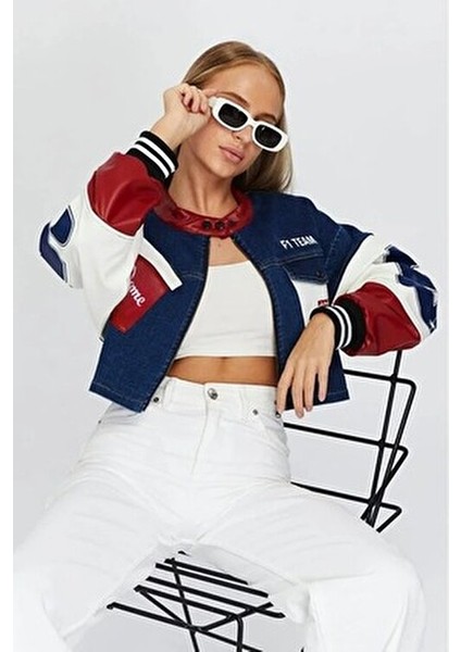 Kadın Oversize Kot Ceket Kolları Deri Garnili Fermuarlı Motorcu Montu Baskılı Yarışçı Kolej Ceket fiyatları