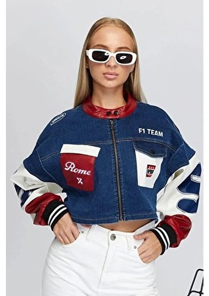 Kadın Oversize Kot Ceket Kolları Deri Garnili Fermuarlı Motorcu Montu Baskılı Yarışçı Kolej Ceket modelleri