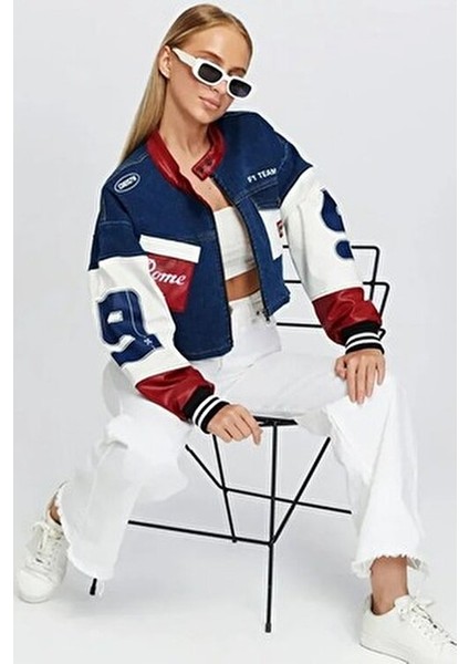 Kadın Oversize Kot Ceket Kolları Deri Garnili Fermuarlı Motorcu Montu Baskılı Yarışçı Kolej Ceket fırsatları