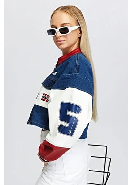 Kadın Oversize Kot Ceket Kolları Deri Garnili Fermuarlı Motorcu Montu Baskılı Yarışçı Kolej Ceket indirimleri