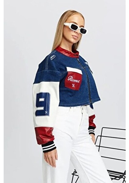 Kadın Oversize Kot Ceket Kolları Deri Garnili Fermuarlı Motorcu Montu Baskılı Yarışçı Kolej Ceket