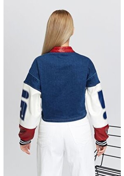 Kadın Oversize Kot Ceket Kolları Deri Garnili Fermuarlı Motorcu Montu Baskılı Yarışçı Kolej Ceket