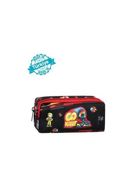 Lisanslı Siyah-Kırmızı Go Kart Desenli 2 Cepli Kalem Kutusu