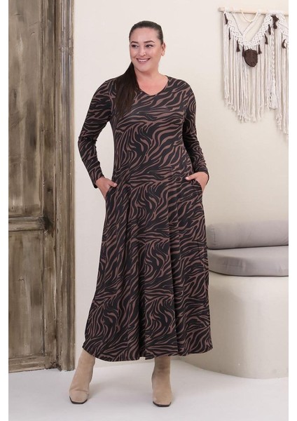 Büyük Beden Tam Boy V Yaka Zebra Desenli Viskon Likralı Uzun Kol Elbise fiyatları
