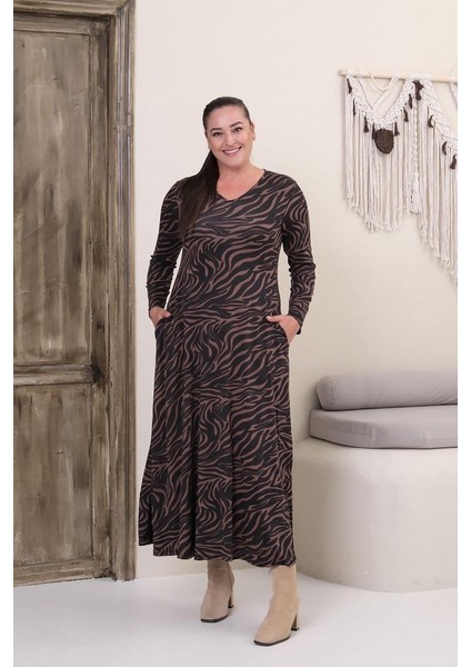 Büyük Beden Tam Boy V Yaka Zebra Desenli Viskon Likralı Uzun Kol Elbise fırsatları