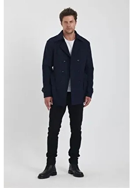 Lacivert Kruvaze Yaka Dar Kalıp Kaşe Kaban Kadın Slim Fit Özellikli