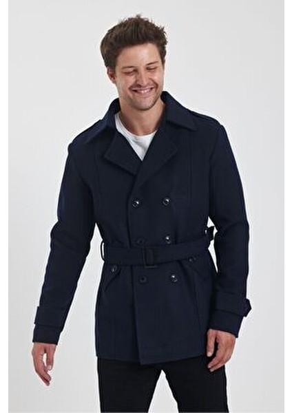 Lacivert Kruvaze Yaka Dar Kalıp Kaşe Kaban Kadın Slim Fit Özellikli fırsatları