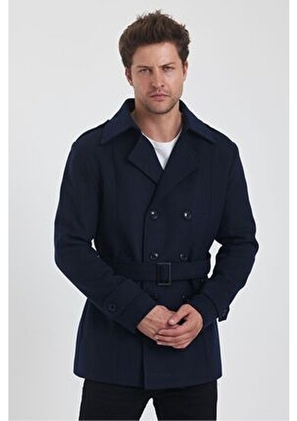 Lacivert Kruvaze Yaka Dar Kalıp Kaşe Kaban Kadın Slim Fit Özellikli indirimleri