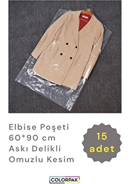 Elbise Poşeti (60X90 Cm) Askı Delikli Omuzlu Kesim (15 Adet) Şeffaf Kıyafet Koruma Hurç Kılıf Naylon