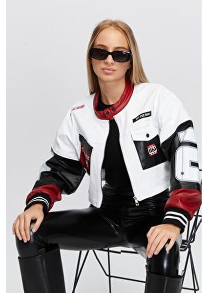 Kadın Oversize Kot Ceket Kolları Deri Garnili Fermuarlı Motorcu Montu Baskılı Yarışçı Kolej Ceket