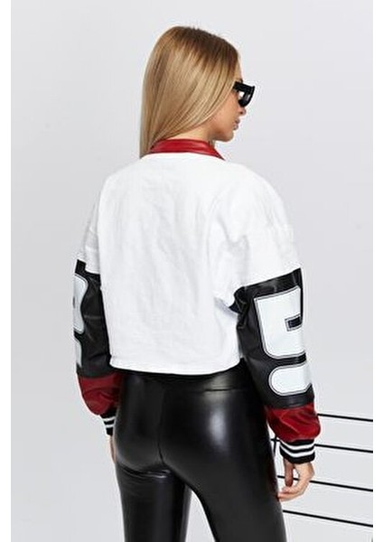 Kadın Oversize Kot Ceket Kolları Deri Garnili Fermuarlı Motorcu Montu Baskılı Yarışçı Kolej Ceket