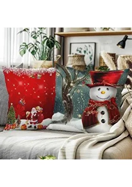 Yılbaşı Temalı 2li Kardan Adam ve Noel Baba Desenli Kırmızı Beyaz Dijital Baskı Kırlent Kılıfı Seti