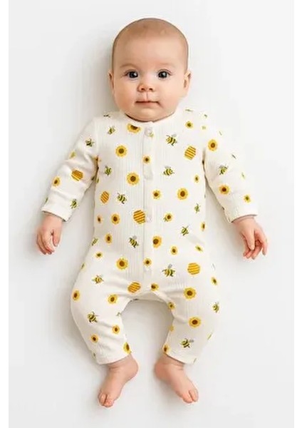 Bebek Arı Baskılı Çıtçıtlı Yenidoğan Bebek Tulumu %100 Pamuk Esnek 1-3-6 Aylık Unısex