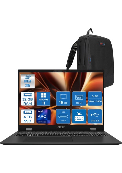 Msı Prestıge 16 Aı+ Evo Intel Core Ultra 9 288V 32GB 8533MHZ 4tb SSD 16" Uhd+ (3840X2400) OLED Windows 11 Home Taşınabilir Bilgisayar B2VMG046TRH04 + Zetta Çanta