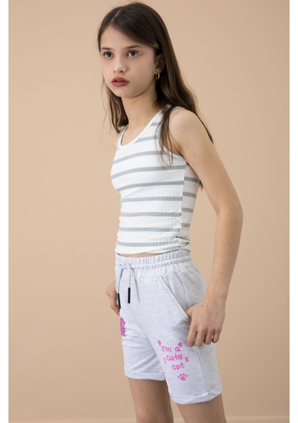 Gri Patili Cute Baskılı Kız Çocuk Beli Lastikli Şort 20727 fiyatları