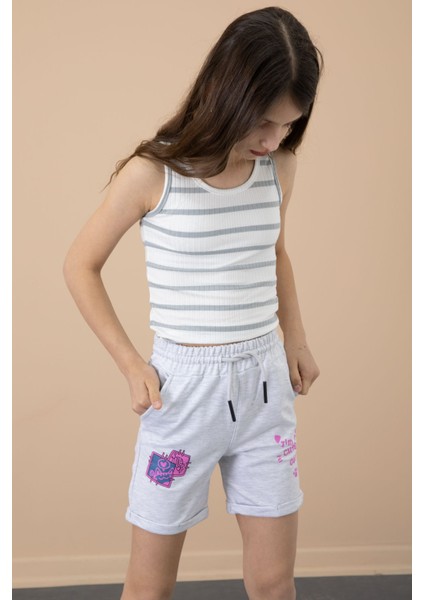 Gri Patili Cute Baskılı Kız Çocuk Beli Lastikli Şort 20727 modelleri