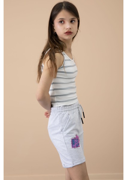 Gri Patili Cute Baskılı Kız Çocuk Beli Lastikli Şort 20727 fırsatları