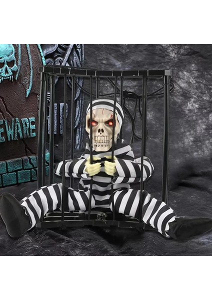 Hareketli Sesli Sensörlü Mahkum Görünümlü Kuru Kafa Iskelet Dekorasyon 22X27 cm (5263) fiyatları