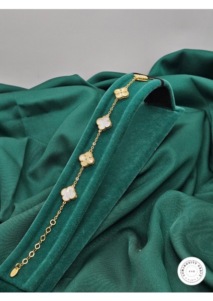 925 Ayar Gümüş Erkek ve Kadın Yonca Model Altın Kaplama ve Beyaz Doğal Taşlı Bileklik - Van