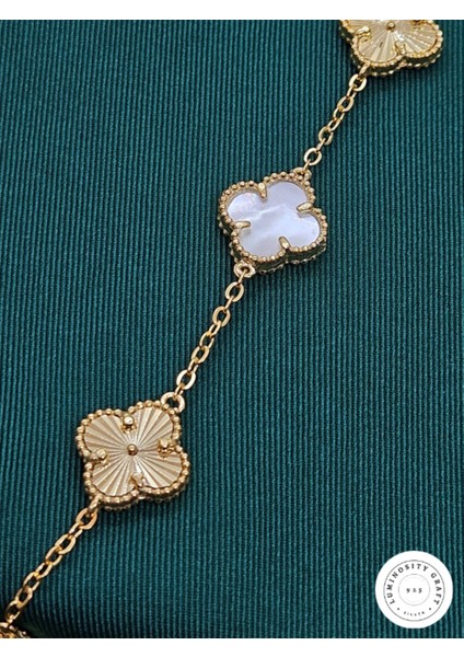 925 Ayar Gümüş Erkek ve Kadın Yonca Model Altın Kaplama ve Beyaz Doğal Taşlı Bileklik - Van fırsatları