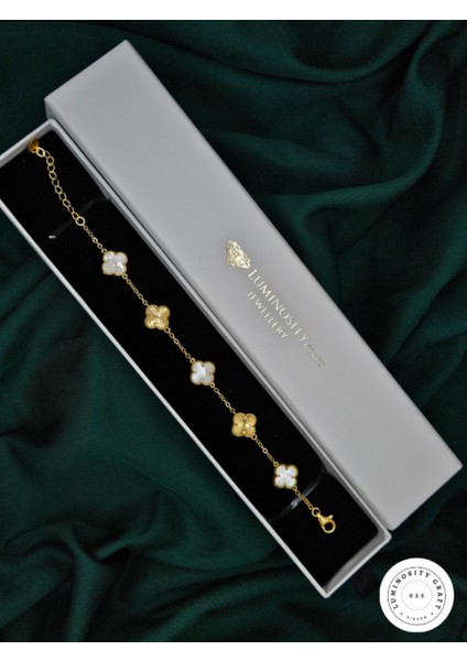 925 Ayar Gümüş Erkek ve Kadın Yonca Model Altın Kaplama ve Beyaz Doğal Taşlı Bileklik - Van indirimleri