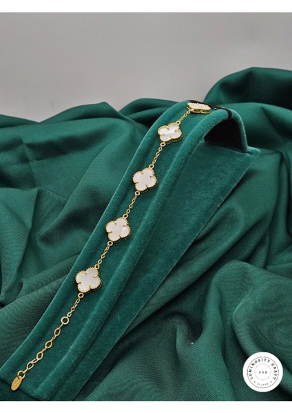 925 Ayar Gümüş Erkek ve Kadın Yonca Model Altın Kaplama Beyaz Doğal Taşlı Bileklik - Van