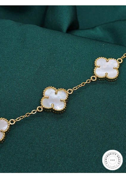 925 Ayar Gümüş Erkek ve Kadın Yonca Model Altın Kaplama Beyaz Doğal Taşlı Bileklik - Van fırsatları