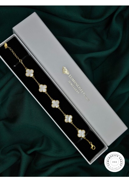 925 Ayar Gümüş Erkek ve Kadın Yonca Model Altın Kaplama Beyaz Doğal Taşlı Bileklik - Van indirimleri