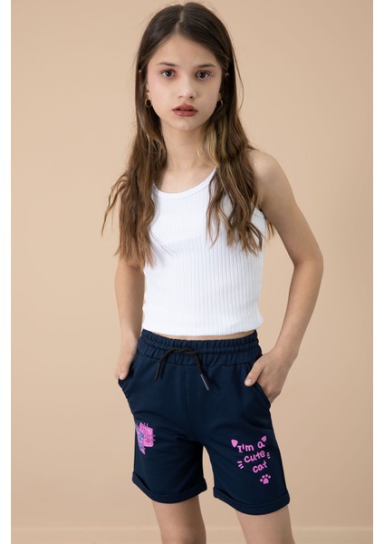 Lacivert Patili Cute Baskılı Kız Çocuk Beli Lastikli Şort 20732