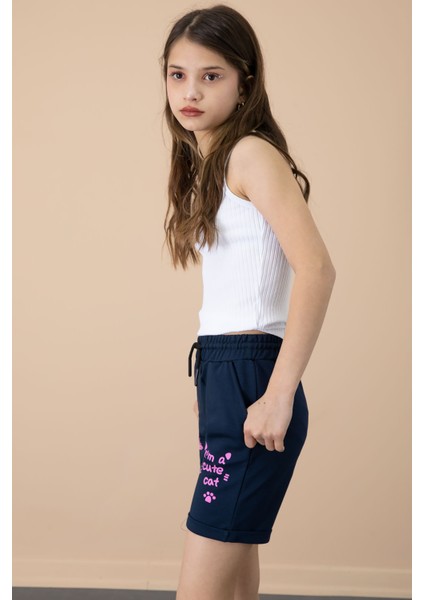 Lacivert Patili Cute Baskılı Kız Çocuk Beli Lastikli Şort 20732 fiyatları