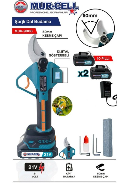 9908 Dal Budama Makası 21v 2ah 50mm Kesme Çaplı Çelik Bıçak 5 pilli