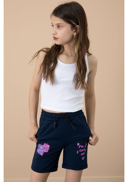Lacivert Patili Cute Baskılı Kız Çocuk Beli Lastikli Şort 20732 modelleri