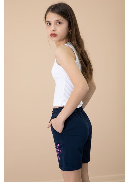 Lacivert Patili Cute Baskılı Kız Çocuk Beli Lastikli Şort 20732 fırsatları