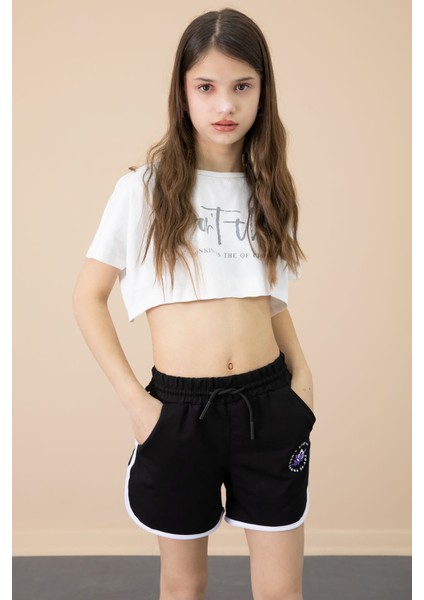 Siyah Yanları Yırtmaçlı Çiçek Baskılı Beli Lastikli Kız Çocuk Şort 20734 fiyatları