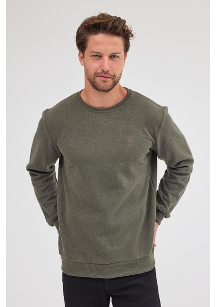 Erkek Haki Standart Fit Normal Kesim Pamuklu Basic Bisiklet Yaka Sweatshirt