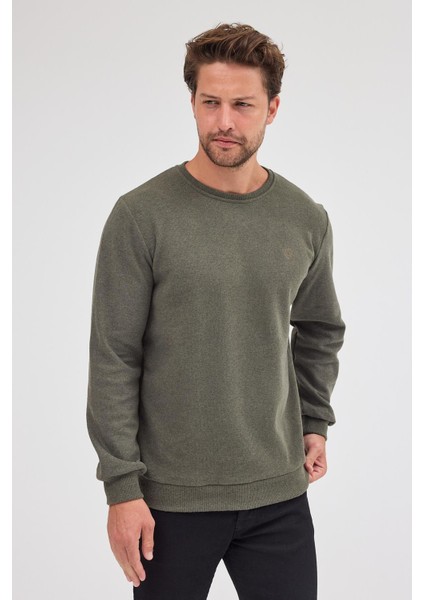 Erkek Haki Standart Fit Normal Kesim Pamuklu Basic Bisiklet Yaka Sweatshirt fiyatları