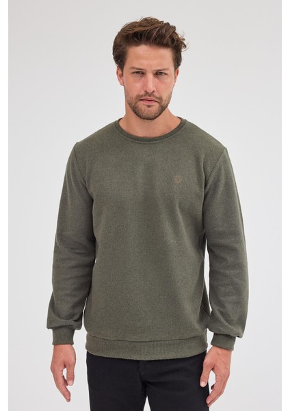 Erkek Haki Standart Fit Normal Kesim Pamuklu Basic Bisiklet Yaka Sweatshirt modelleri