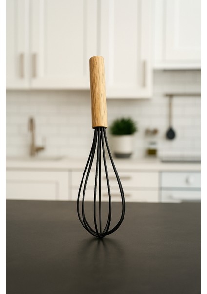 Bambu Saplı Çırpma Teli Mutfak Silikon Çırpıcı Yemek Hazırlık Çırpma Aleti (Antrasit 24 Cm)