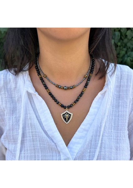 Oniks Doğal Taş Çelik Uçlu Hematit Taşlı El Yapımı Özel Tasarım Ikili Doğaltaş Kolye Kombin