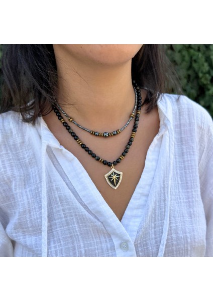 Oniks Doğal Taş Çelik Uçlu Hematit Taşlı El Yapımı Özel Tasarım Ikili Doğaltaş Kolye Kombin fiyatları