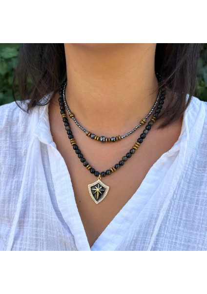 Oniks Doğal Taş Çelik Uçlu Hematit Taşlı El Yapımı Özel Tasarım Ikili Doğaltaş Kolye Kombin modelleri