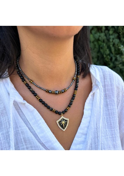 Oniks Doğal Taş Çelik Uçlu Hematit Taşlı El Yapımı Özel Tasarım Ikili Doğaltaş Kolye Kombin fırsatları