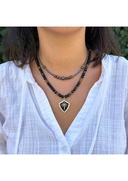 Oniks Doğal Taş Çelik Uçlu Hematit Taşlı El Yapımı Özel Tasarım Ikili Doğaltaş Kolye Kombin indirimleri